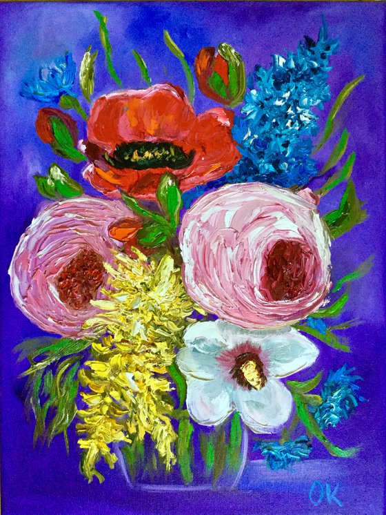 BOUQUET OF SUMMER FLOWERS  #2  palette knife modern Still life Dutch style office home decor gift