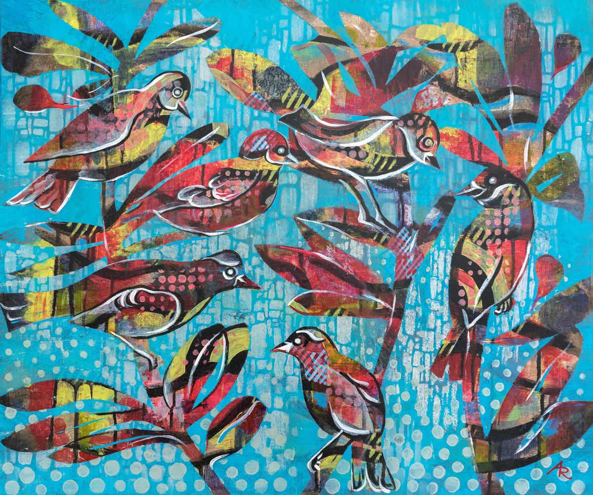 Illustrative Animal Acrylic Painting By Ariadna De Raadt, 24 X 20, Spring Birds, Original Artwork