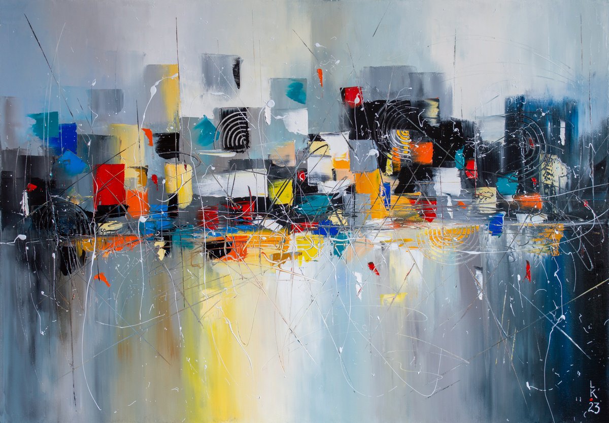 Abstract Cityscapes Oil Painting By Liubov Kuptsova, 39 X 28", Warm Lake District, Original Artwork