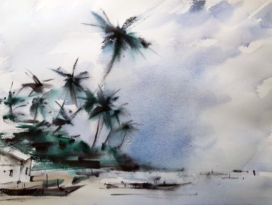 Palm trees on the beach. one of a kind. original painting. gift.