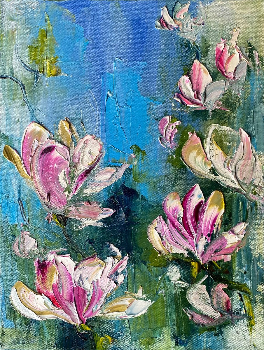 Impressionistic Botanical Oil Painting By Mily Art, 12 X 16", Magnolia Blossom Oil Art, Original Artwork