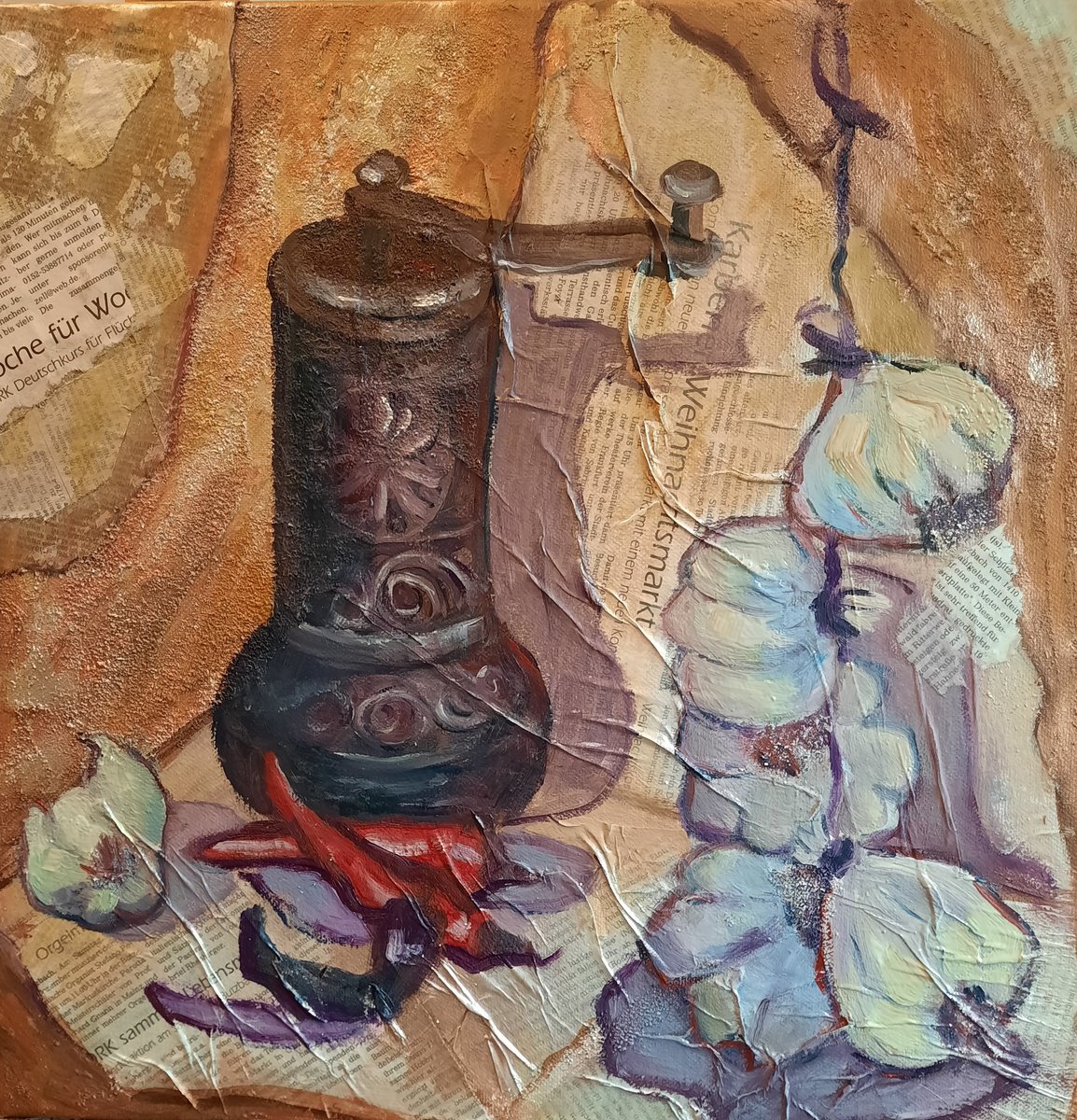 Expressive Botanical Painting By Vera Stein, 16 X 16", Stilllife With Garlic, Original Artwork