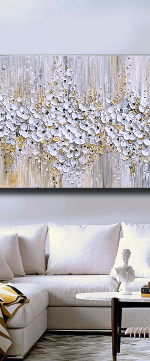 Full Bloom - Original Abstract FlowerPainting, Abstract Gold Leaf Painting, White Flower Painting, Size: 48 x 24 inches (120 x 60 cm) by Lana Guise