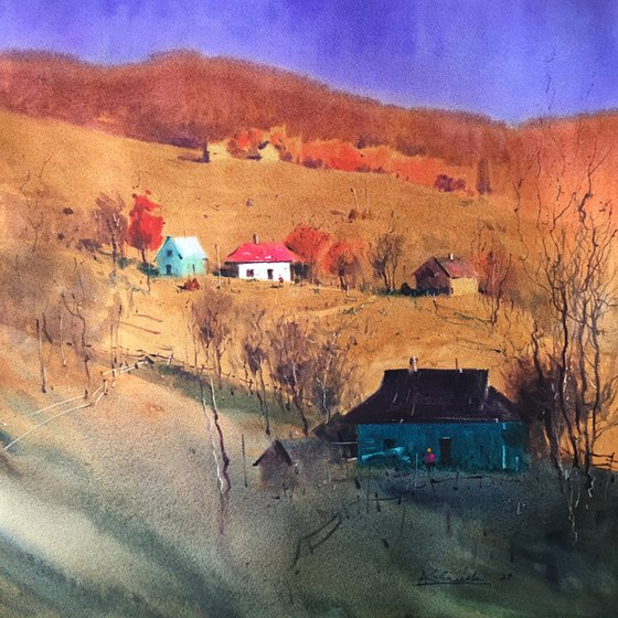 Before sunset in the mountains autumn Original watercolor painting