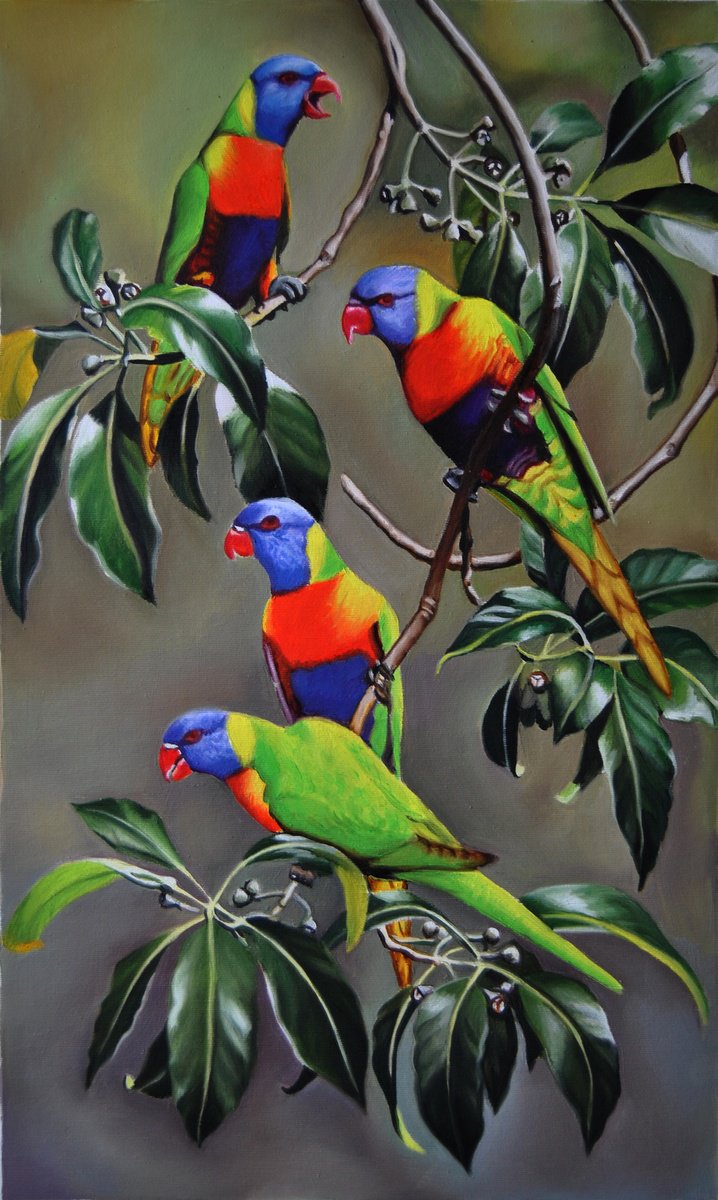 Photorealistic Oil Painting , Parrots By Simona Tsvetkova, 14 X 24, Artwork For Sale On Artfinder
