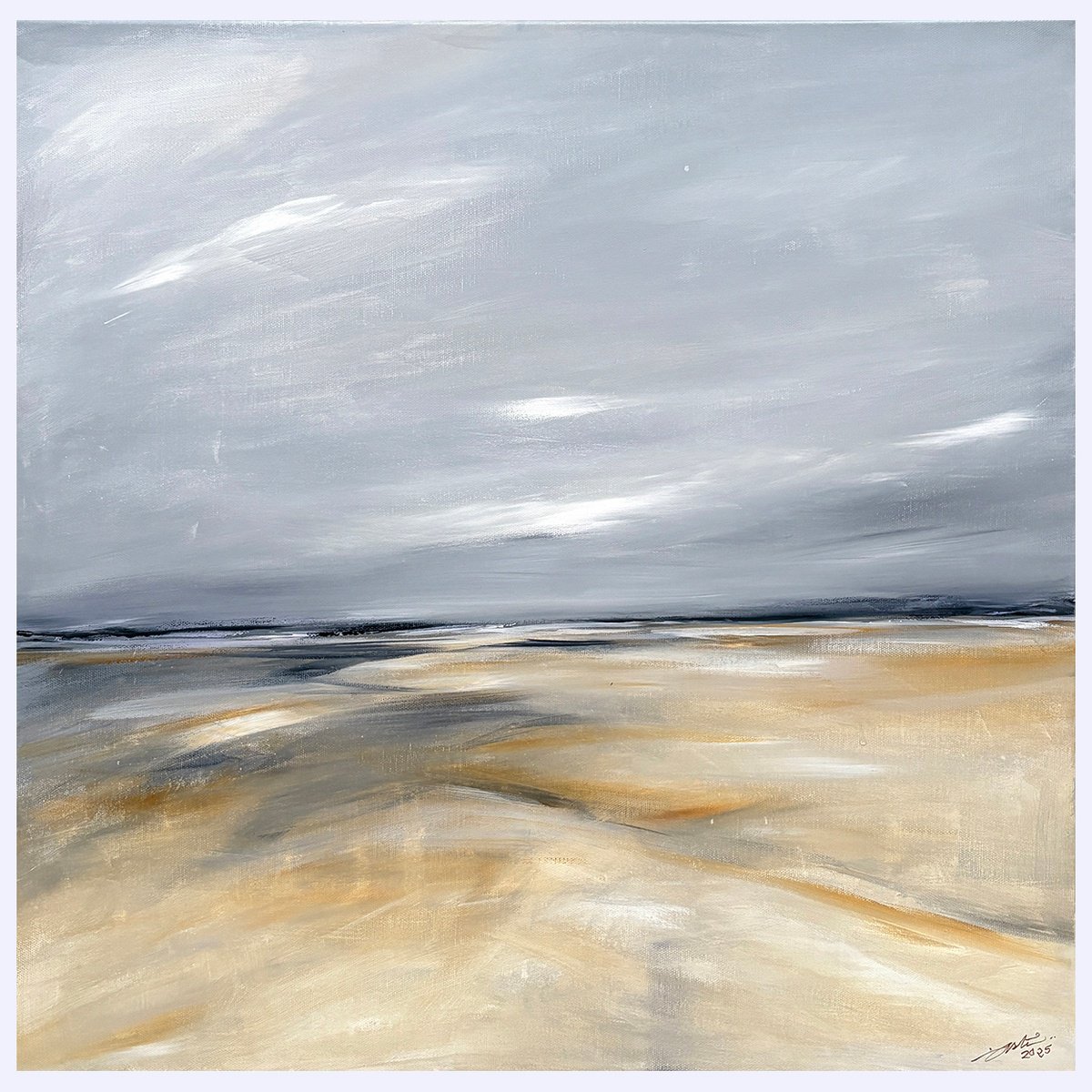 Expressive Landscape Acrylic Painting By Arti Chauhan, 25 X 25, Silver Dawn_Landscape, Original Artwork