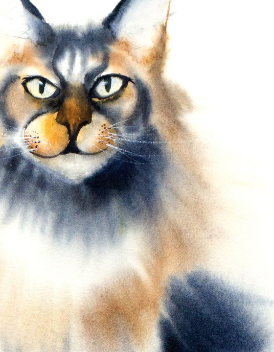 Whimsical Maine Coon Cat Original Watercolor painting