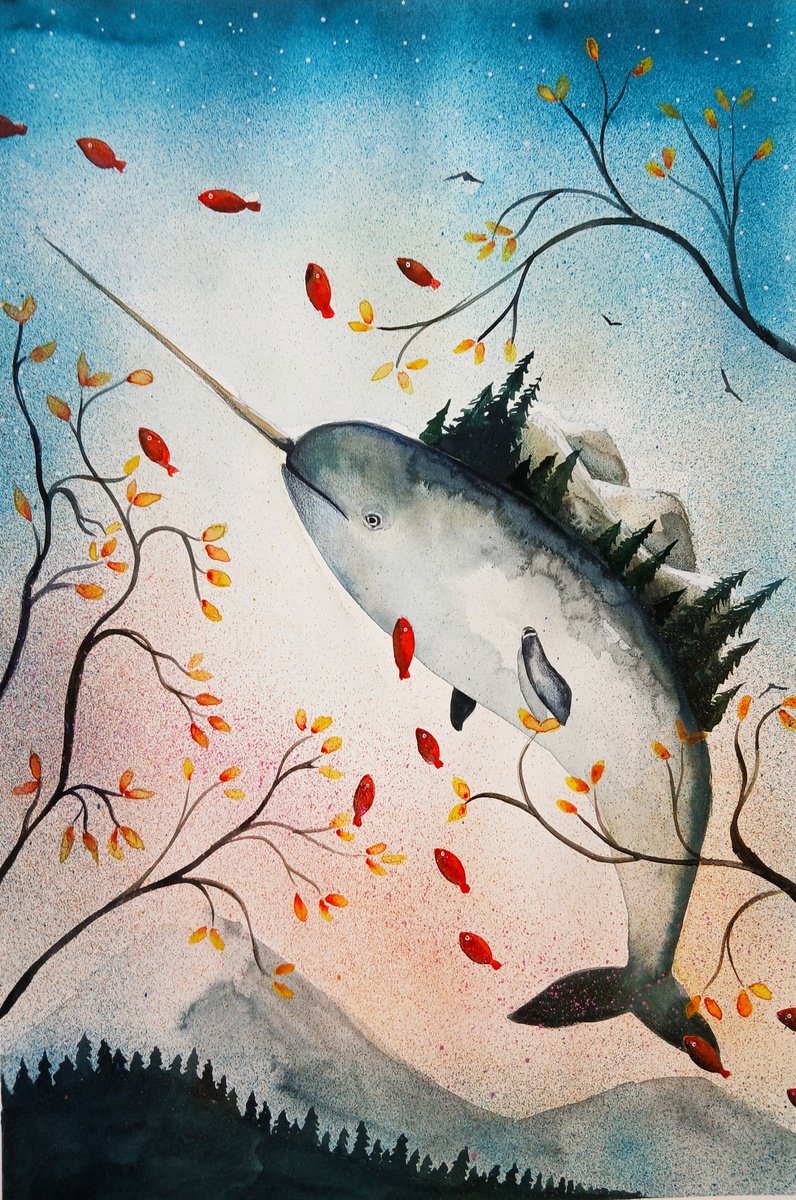 Surrealistic Animal Painting By Evgenia Smirnova, 15 X 22, The Narwhal Of Mountains, Original Artwork