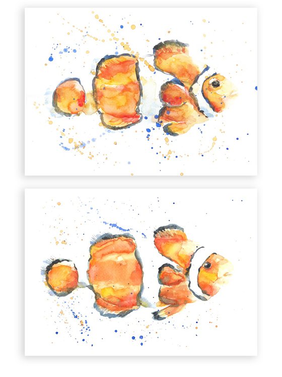 Clown fish watercolor Set of 2 Tropical fish Paintings