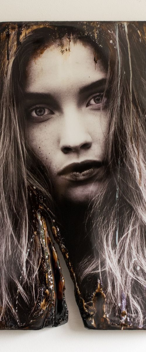 "Devastated" (60x40x3cm) - Unique portrait artwork on wood (abstract, portrait, original, epoxy, painting, burnt) by Rouzbeh Tahmassian