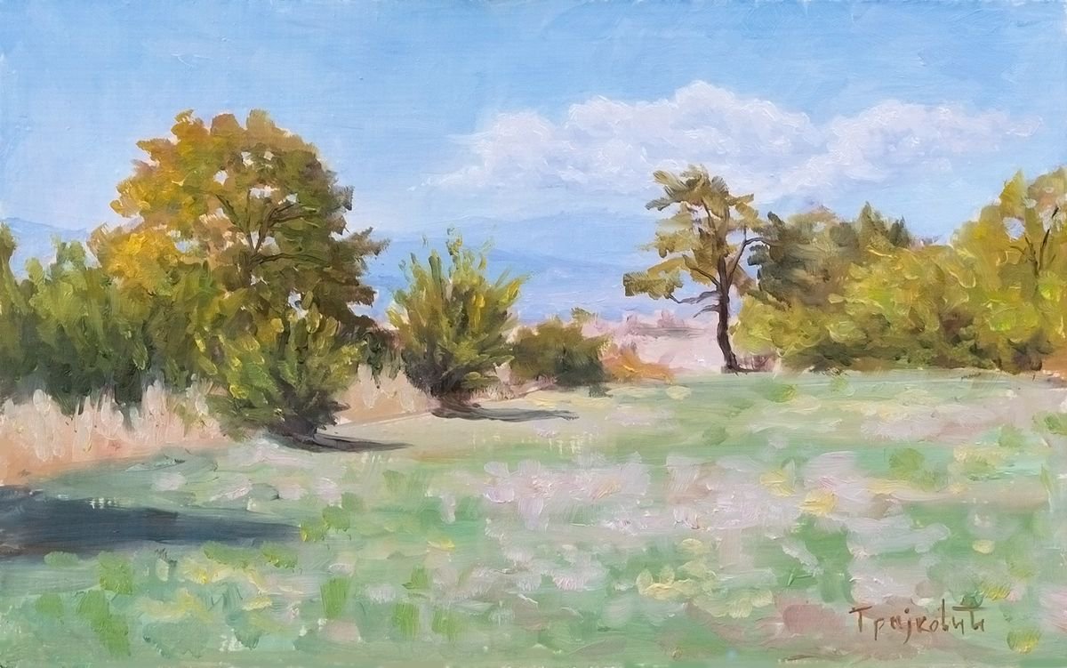 Impressionistic Landscape Oil Painting By Dejan Trajkovic, 12 X 9, Clover Field, Original Artwork
