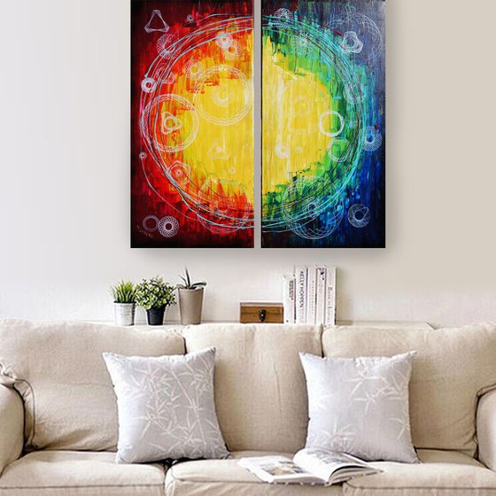 Rainbow A311 Large abstract paintings Palette knife 50x200x2 cm set of 2 original abstract acrylic paintings on stretched canvas