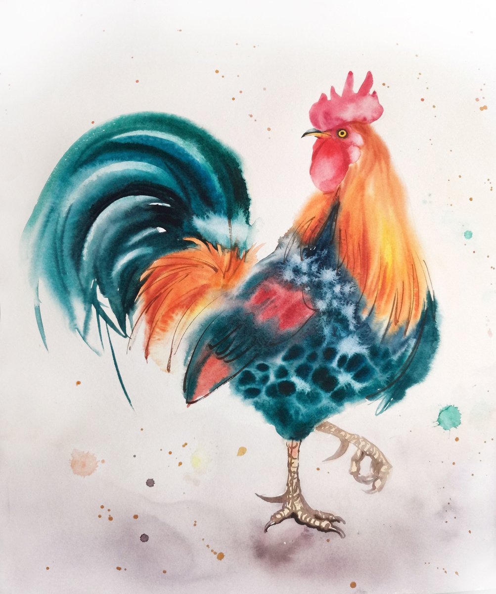 The Boss - rooster - country decor - farm art - bird art - rooster painting - farm decor - by Olga Beliaeva Watercolour