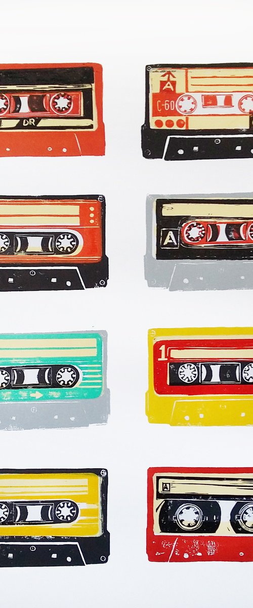 Linocut tapes #48 (cassette tapes, retro music, 70's, 80's rock culture) by Carolynne Coulson