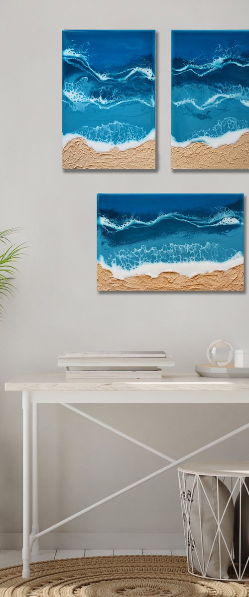 Set of 3 seascape original resin artwork by Delnara El