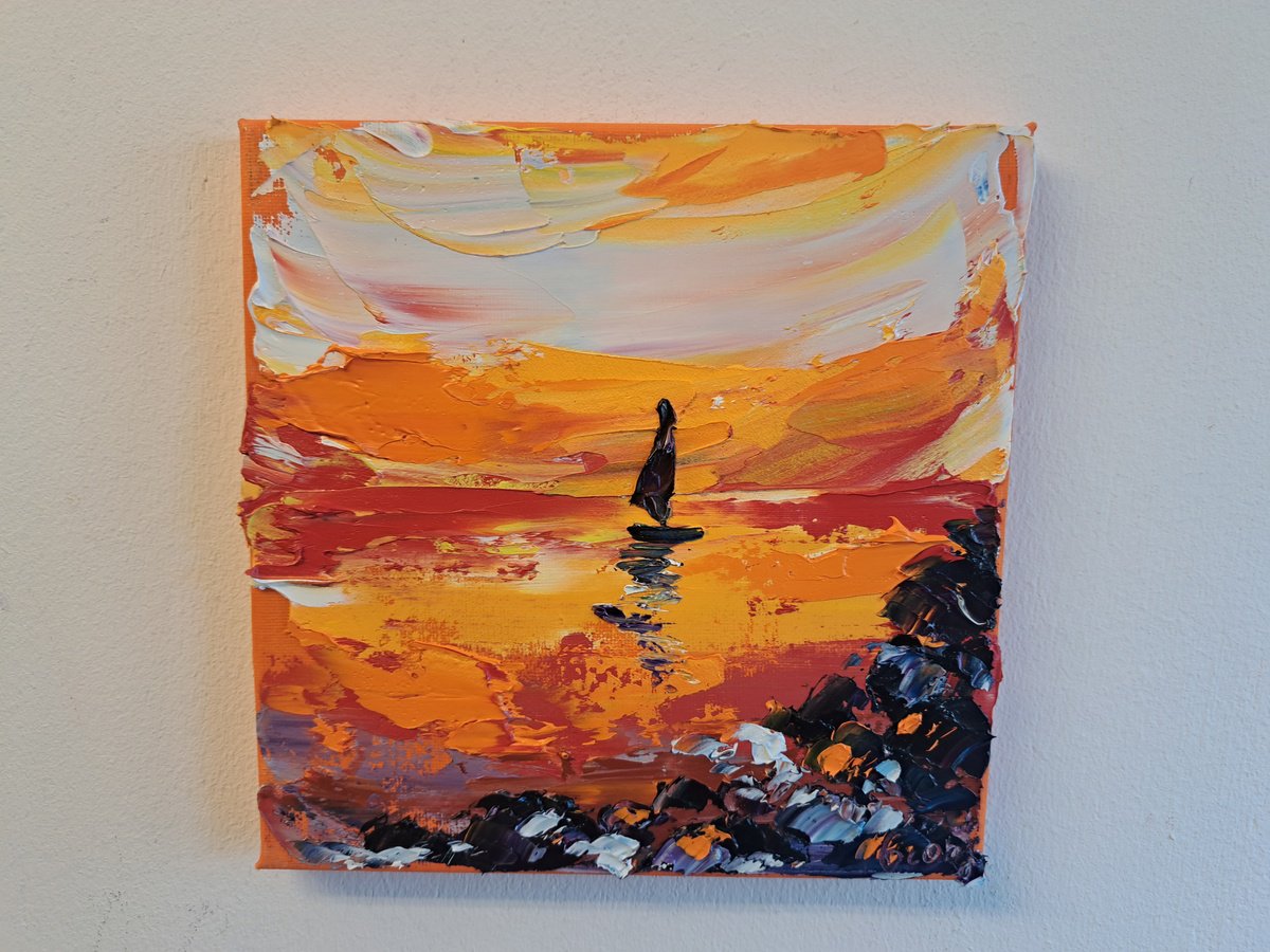 Impressionistic Landscape Oil Painting By Oksana Fedorova, 8 X 8", Sunset In The Yachts, Original Artwork