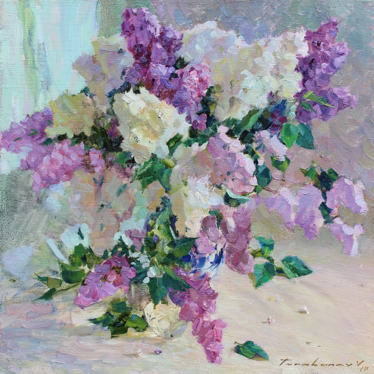 Impressionistic Botanical Oil Painting By Volodymyr Tarabanov, 24 X 24", Lilac, Original Artwork