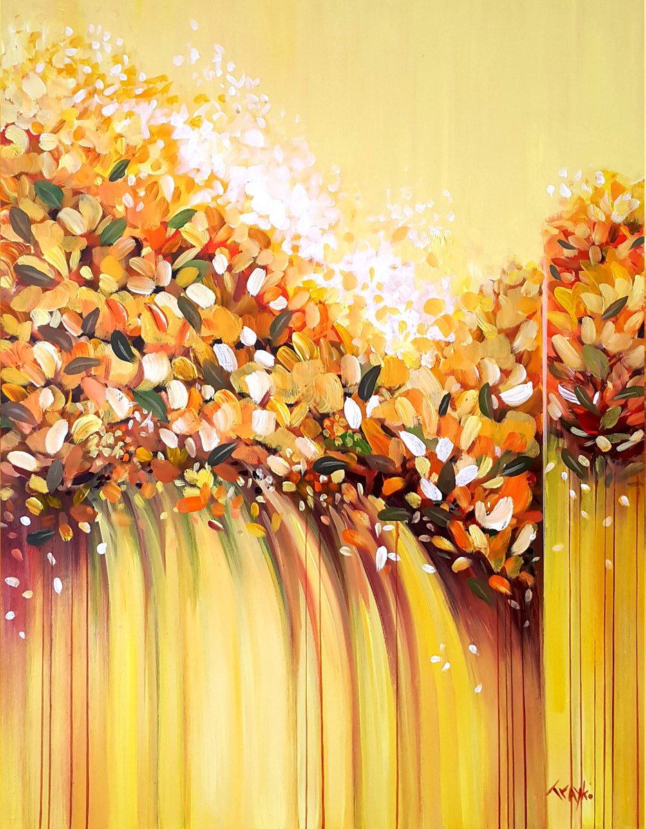 Abstract Botanical Acrylic Painting By Trayko Popov, 28 X 35", Summer Noon, Original Artwork