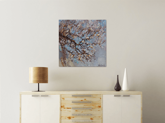 Flowering apricot tree Original oil painting