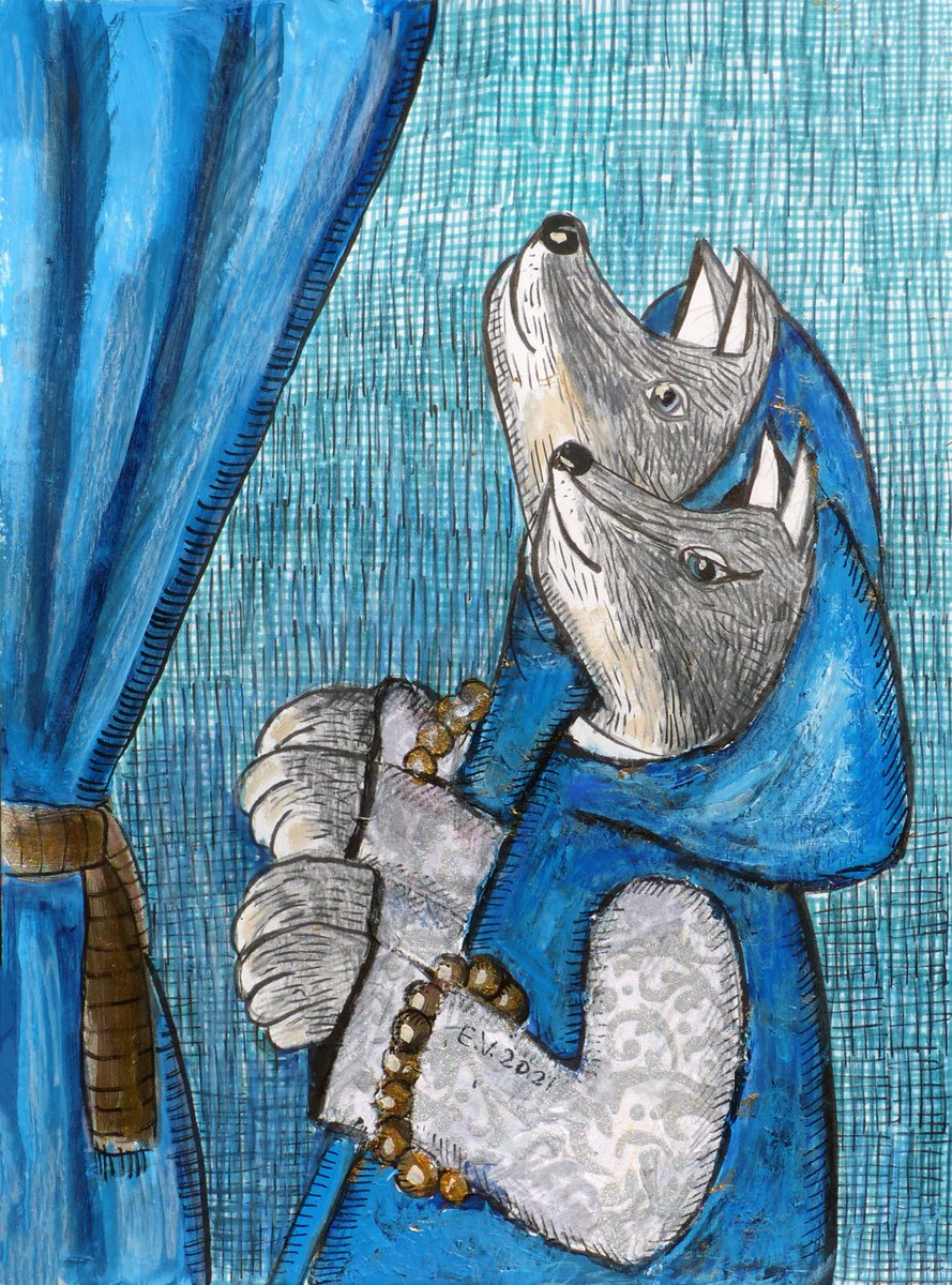 Illustrative Animal Painting By Elizabeth Vlasova, 9 X 12, I Worship His Shadow, Original Artwork