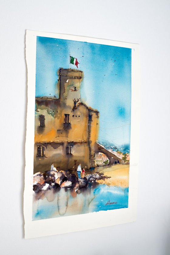 Liguria. Rapallo castle. Original watercolor picture.