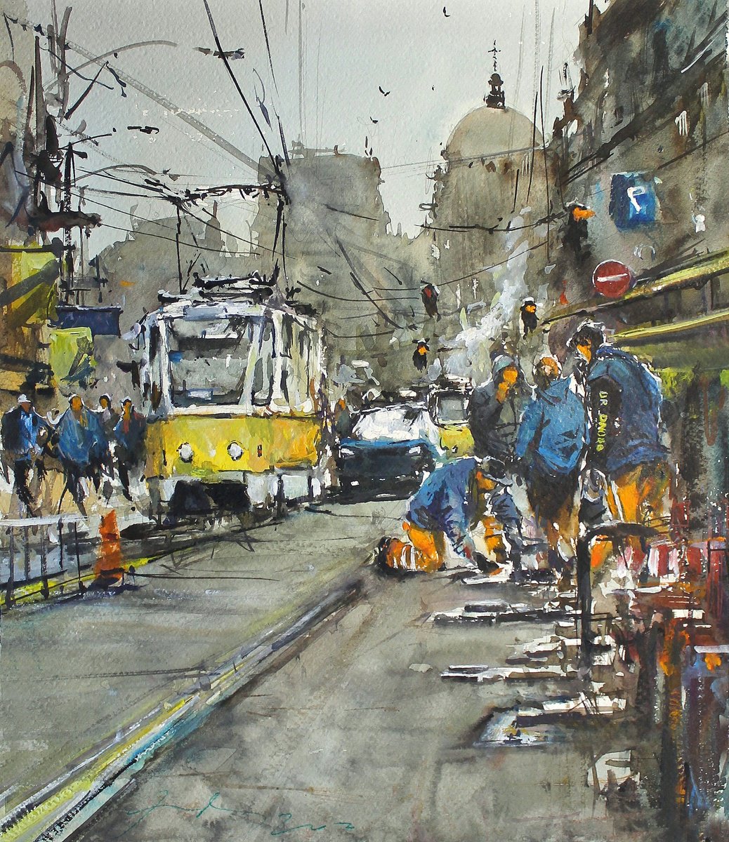 Impressionistic Cityscapes Watercolour By Maximo Damico, 13 X 15", Budapest Streets, Original Artwork