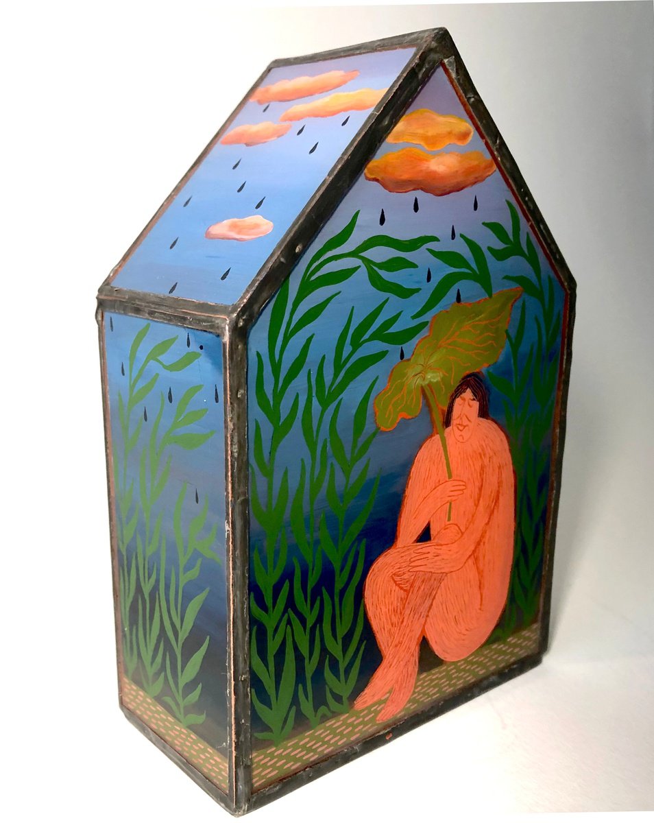 Naive Portrait Oil Painting By Katya Timoshenko, 4 X 6", Burdock Leaf, Original Artwork