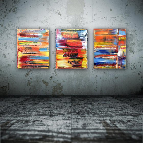 "Make Us" - FREE USA SHIPPING - Original PMS Abstract Triptych Oil Paintings On Canvas - 48" x 20"