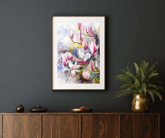 Magnolia Spring Flowers Watercolour Painting