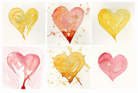Valentine Heart Set 1 - 6 Watercolor Paintings by Kathy Morton Stanion