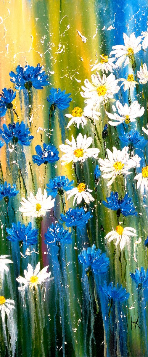 Daisy Painting Floral Original Art Cornflowers Oil Artwork Camomile Painting Meadow Wild Flowers Home Wall Art 12 by 20" by Halyna Kirichenko by Halyna Kirichenko