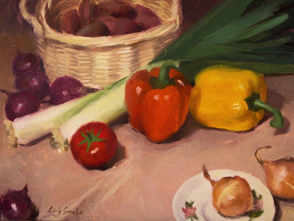 Photorealistic Still Life Oil Painting By Ling Strube, 16 X 12", The Kitchen Corner, Original Artwork