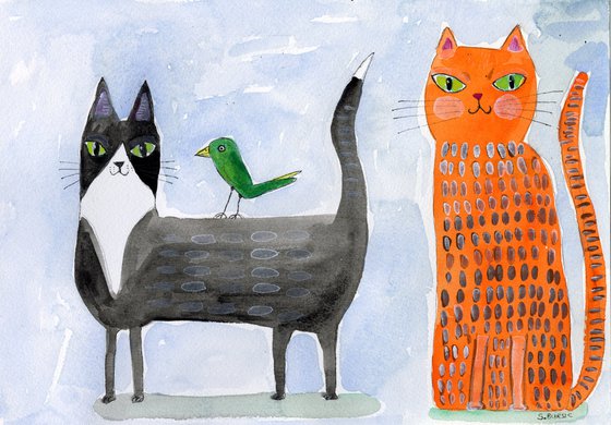 2 cats naive watercolour Tuxedo Cat and Ginger Cat with bird illustration
