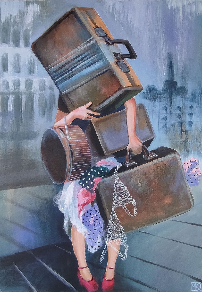 Illustrative Portrait Acrylic Painting By Maria Kireev, 28 X 39", A Traveling Mood, Original Artwork