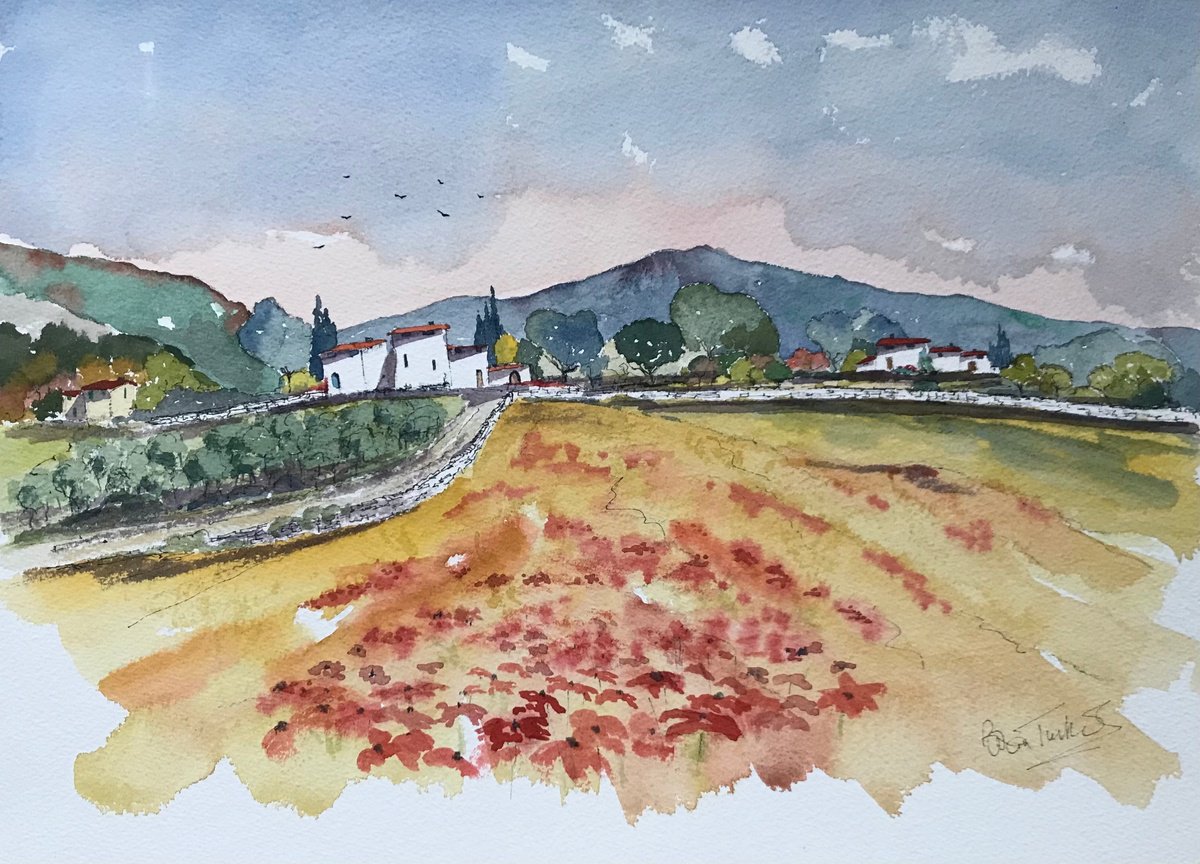 Impressionistic Landscape Watercolour By Brian Tucker, 14 X 10, Village In Provence 3, Original Artwork
