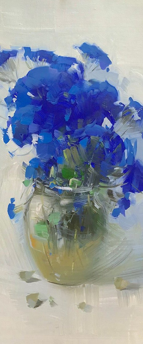 Blue Flowers, Oil painting, One of a kind, Handmade artwork by Vahe Yeremyan