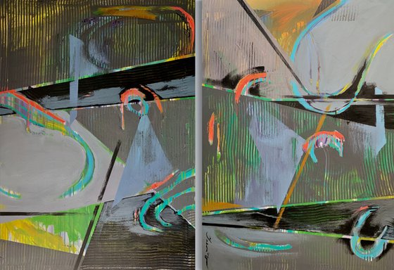 Super Big Abstract - "Space abstract" - Diptych - Geometric abstract - 90x260cm