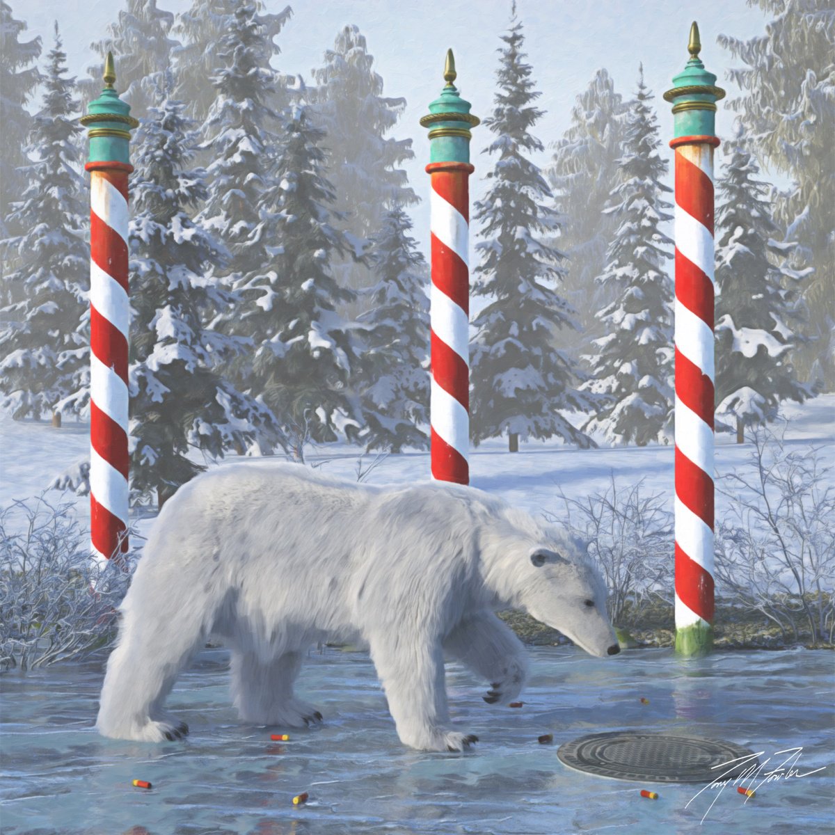 Surrealistic Animal Giclee Print By Tony Fowler, 29 X 29", Artic Merging, Original Artwork