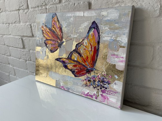 "Two butterflies and a flower". Original oil painting