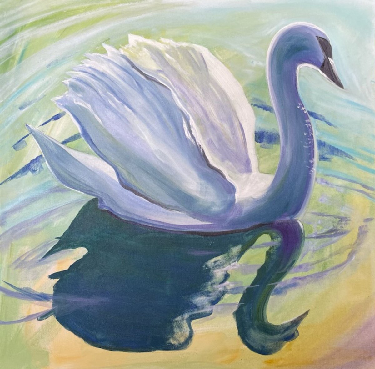 Expressive Animal Acrylic Painting By Eliry Arts, 20 X 20, Morning Swan, Original Artwork