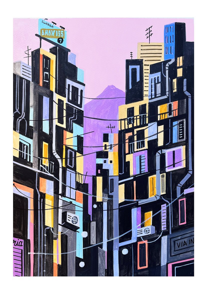 Urban And Pop Cityscapes Acrylic Painting By Andre Baldet, 13 X 18, Naples-07, Original Artwork