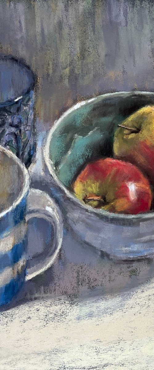Still life with apples and Cornishware by Louise Gillard