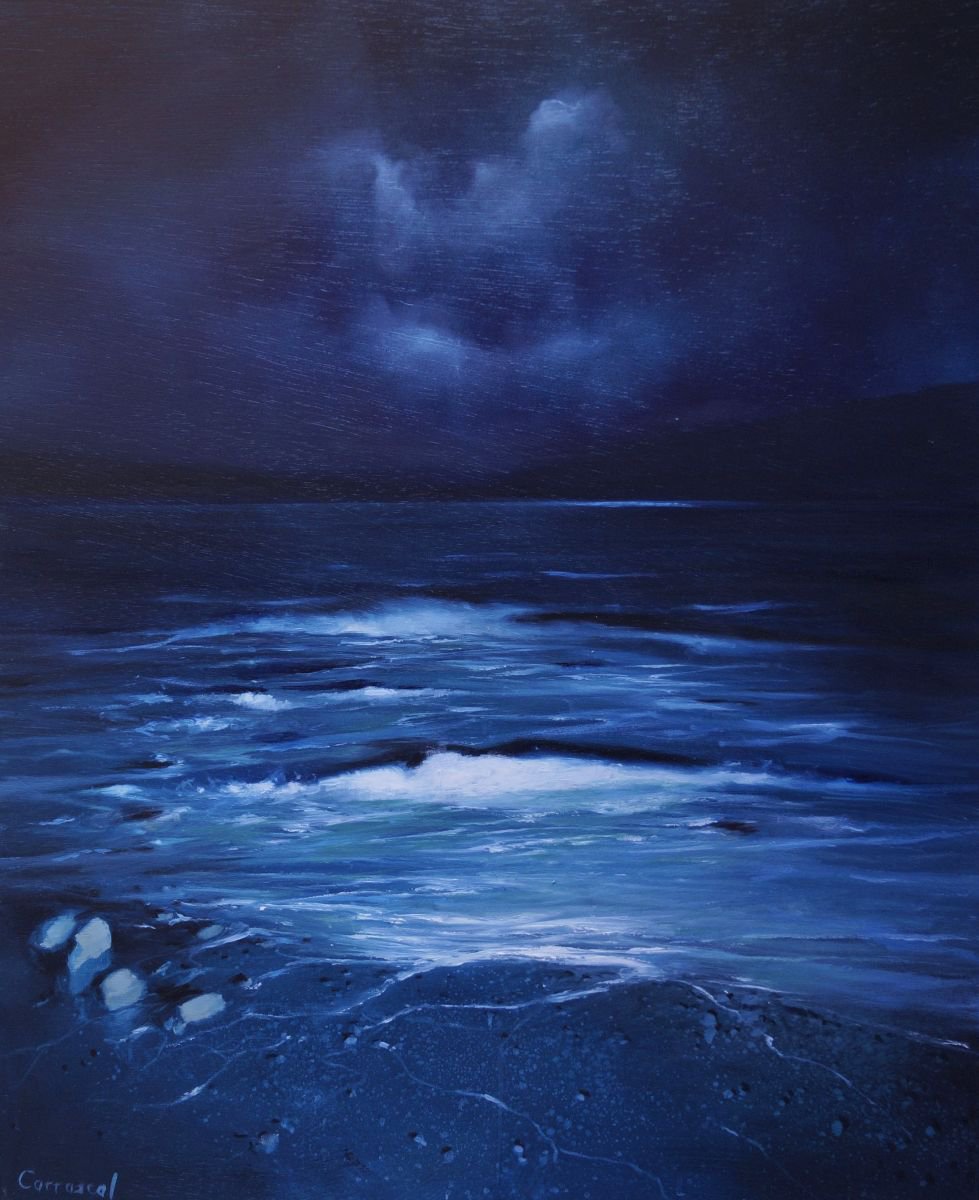 Expressive Landscape Oil Painting By Rafael Carrascal, 26 X 31", Marina Nocturna Iv, Original Artwork