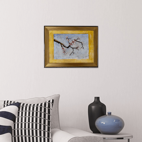 One of a kind Cherry Blossoms Branch Oil Painting on a gessoed masonite with several glazes on charcoal