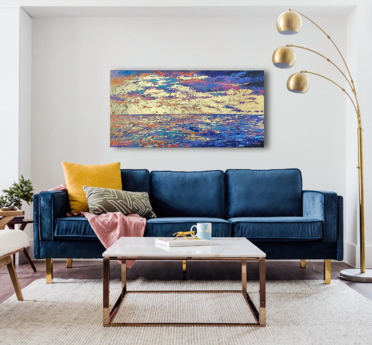 Expressive Landscape Acrylic Painting By Anna Silabrama, 39 X 20, - ?Golden Twilight By The Sea - ?, Original Artwork