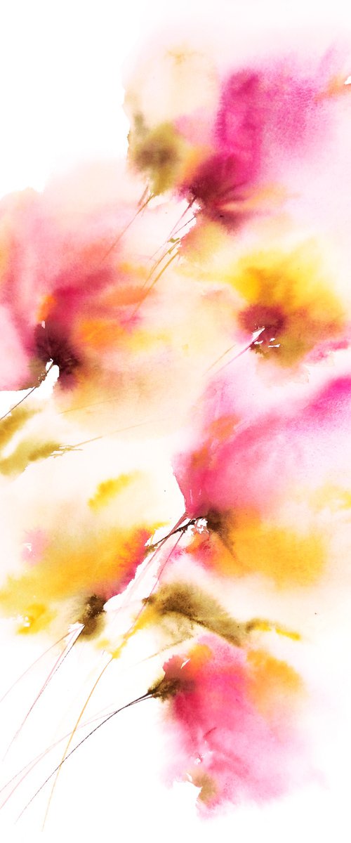 Bright flowers painting, loose florals Summer by Olga Grigo