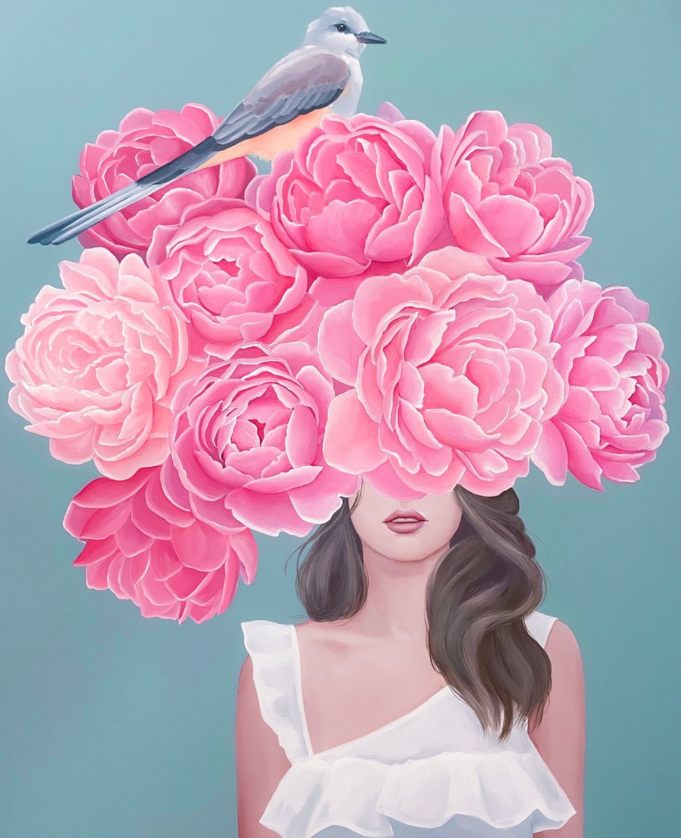 Portrait Acrylic Painting By Elina Zelena, 26 X 31, In The Shade Of Peonies, Original Artwork