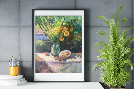 Flowers and fruits on the table