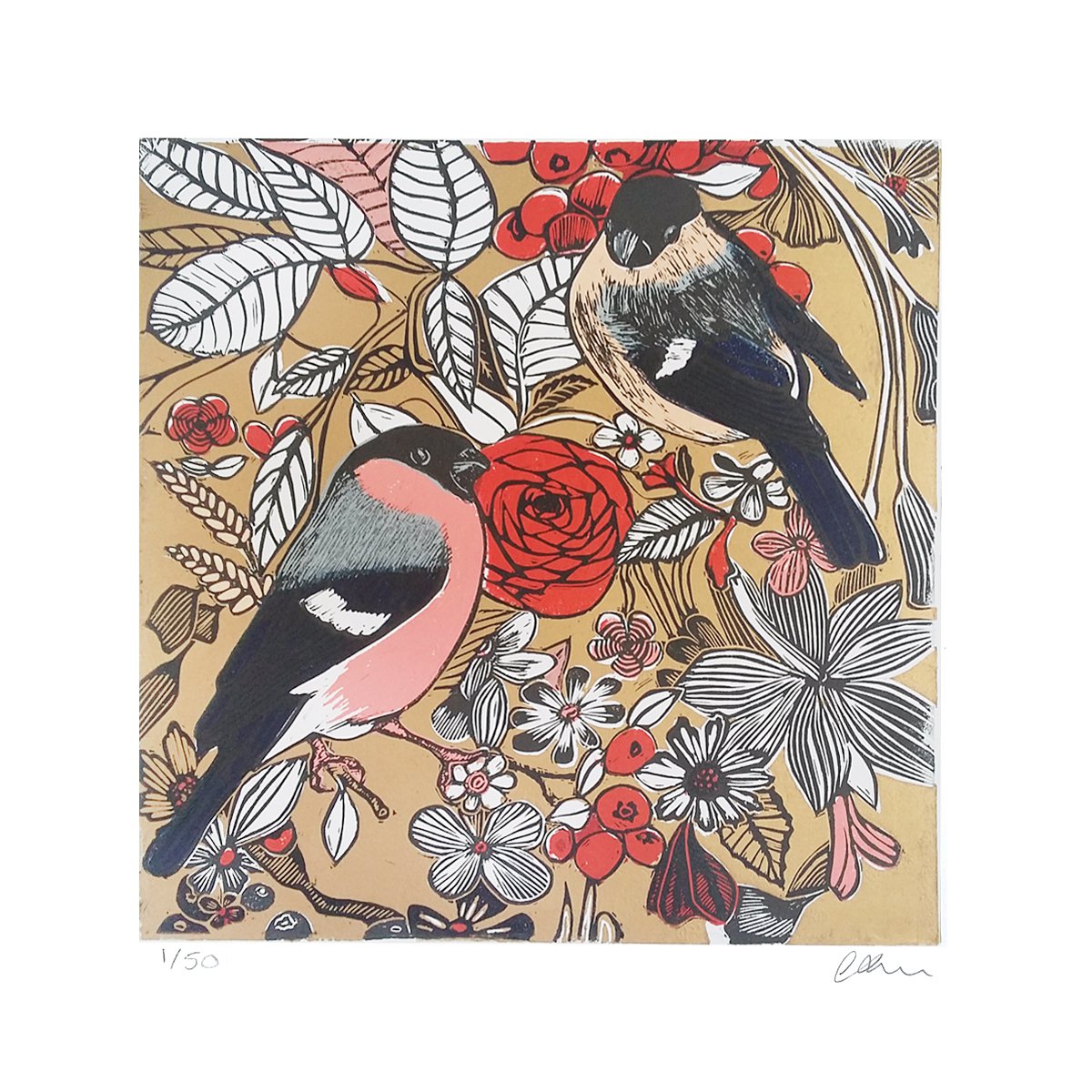 Bullfinches chinoiserie (Gold) by Carolynne Coulson