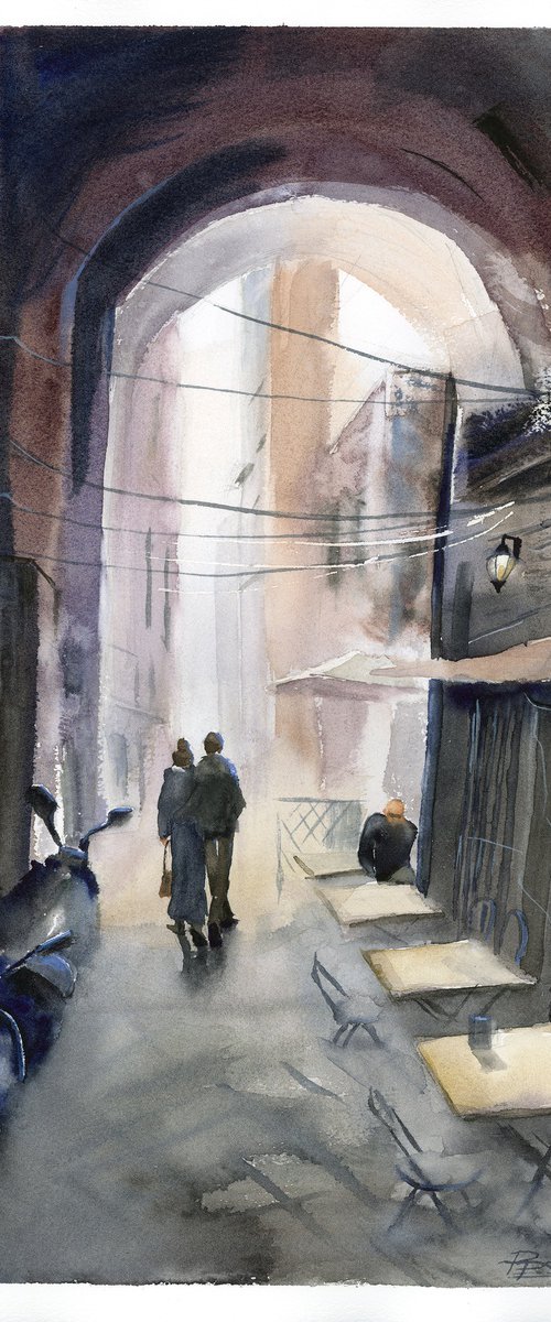 Napoli Street - Original Watercolor Painting by Olga Tchefranov (Shefranov)